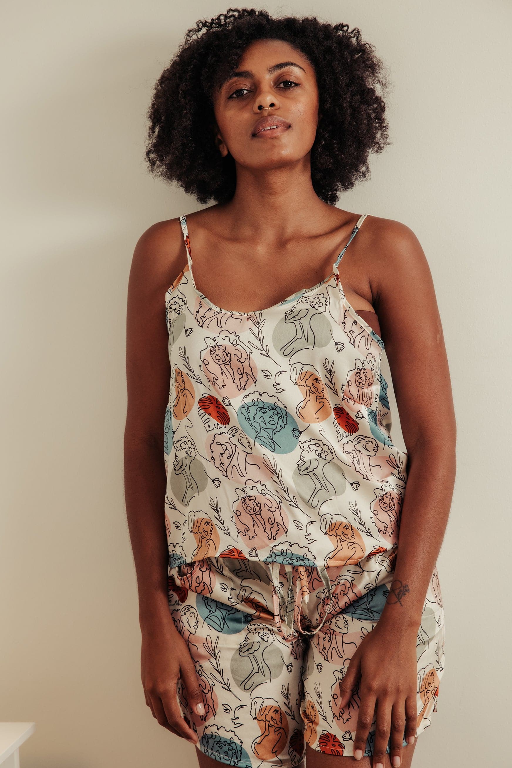 Melanin Faces Abstract Satin Cami + Shorts Set - Izzy & Liv